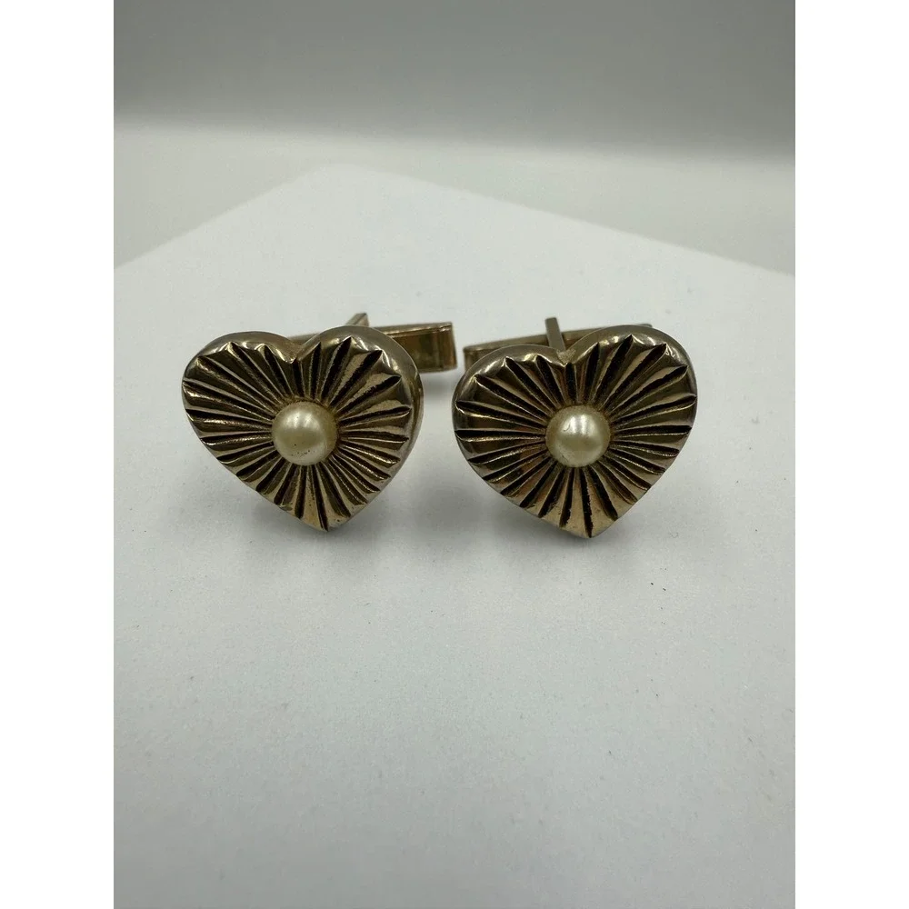 Vintage Gold Tone Heart Faux Pearl Sunburst Textured Cufflinks Toggle Back